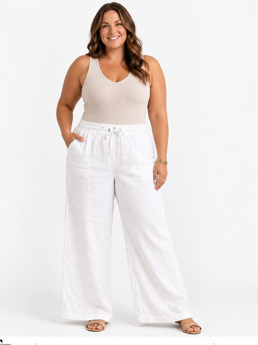 Dash 1X White Linen Blend Drawstring Wide Leg Pull-On Pants NWT